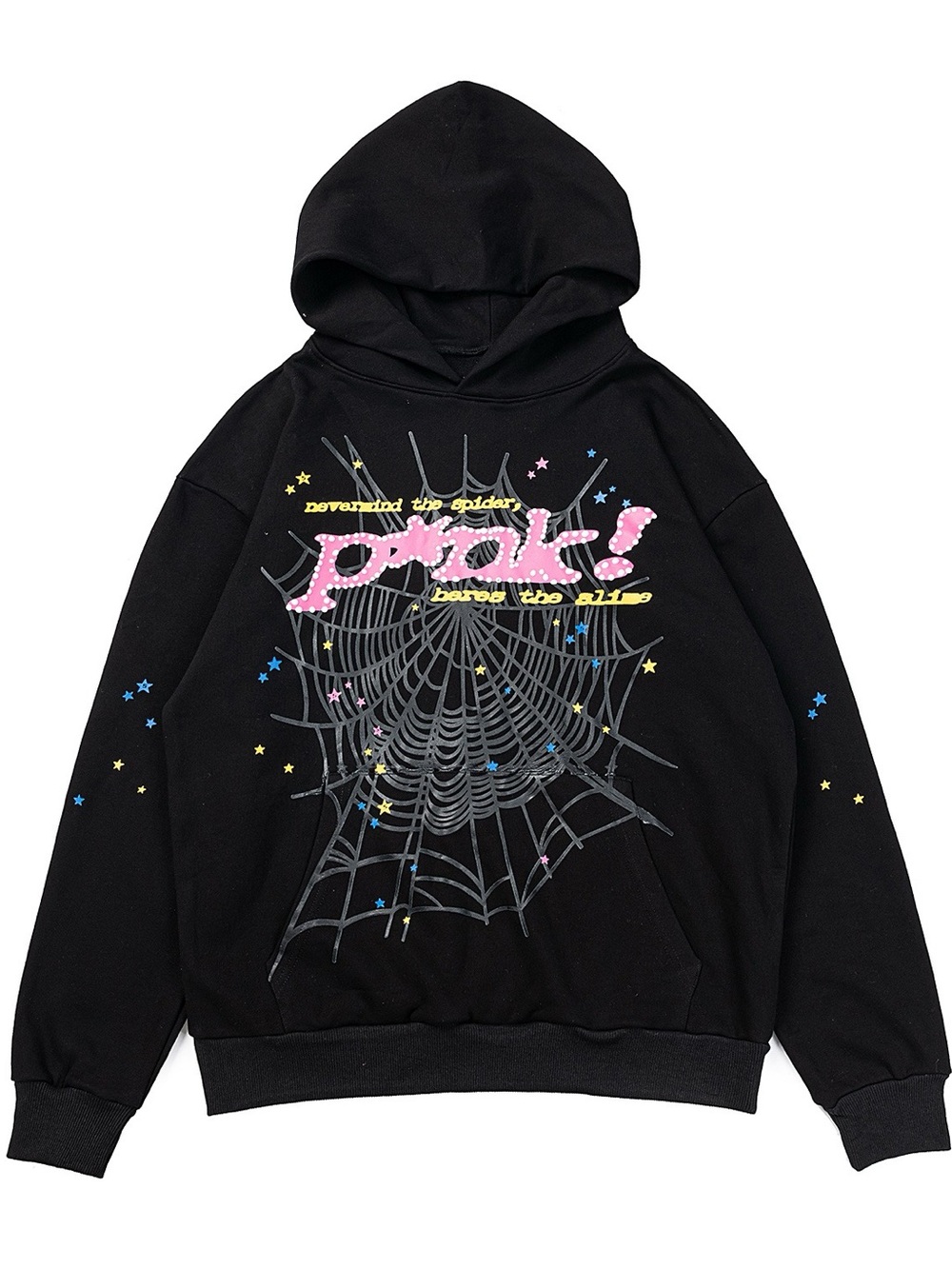 Black Graphic Hooded Sweater Vest with Spiderweb and Pink Accent